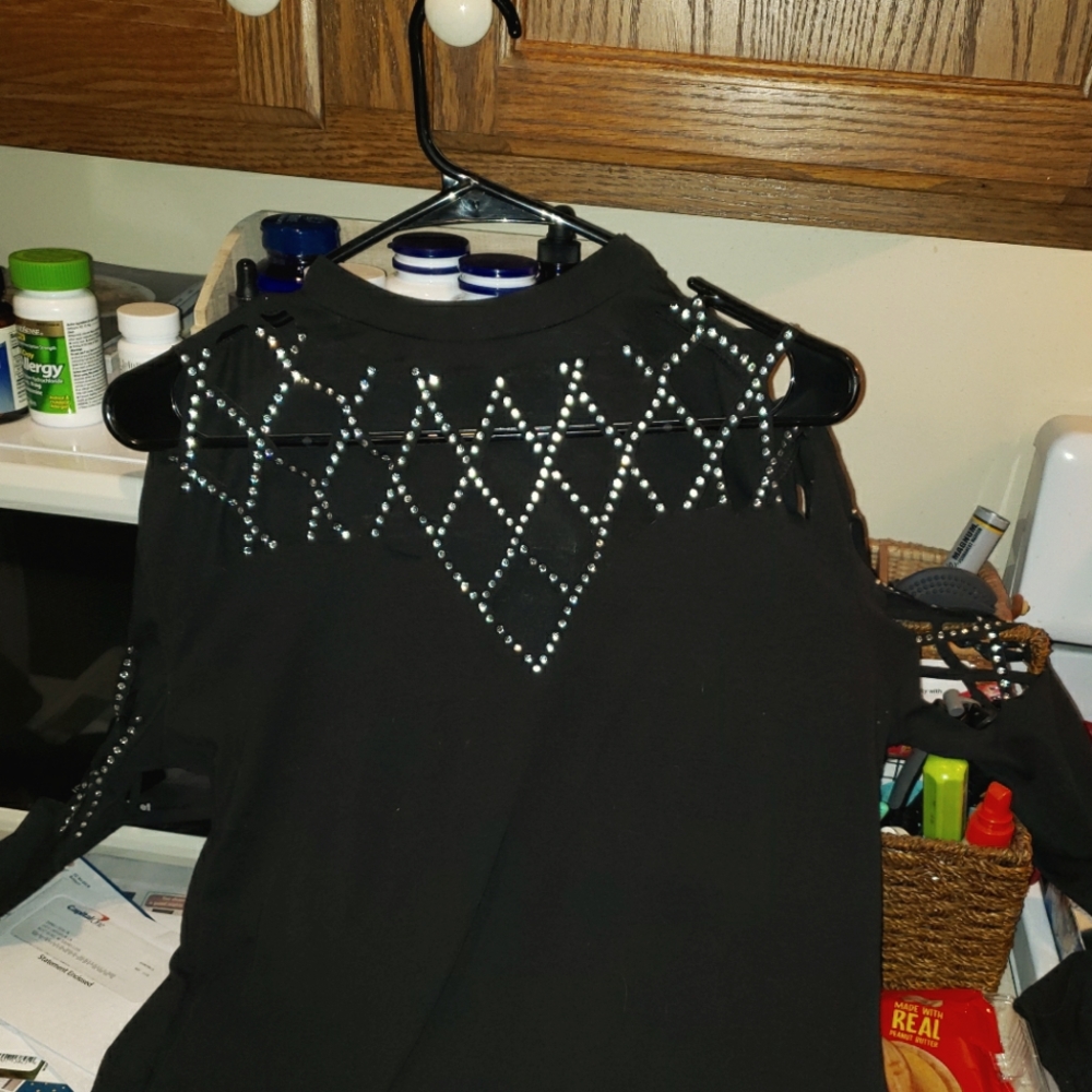 Women's super sexy rhinestone criss-cross open neck shirt L 14